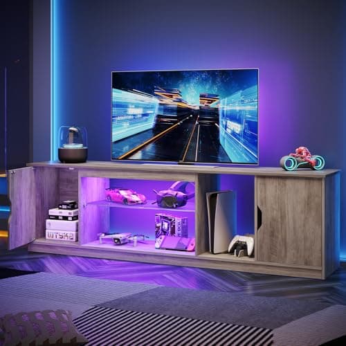 Bestier Washed Gray LED TV Stand & Entertainment Center 70 Inch, Adjustable Glass Shelves, Perfect for TVs up to 80 Inch