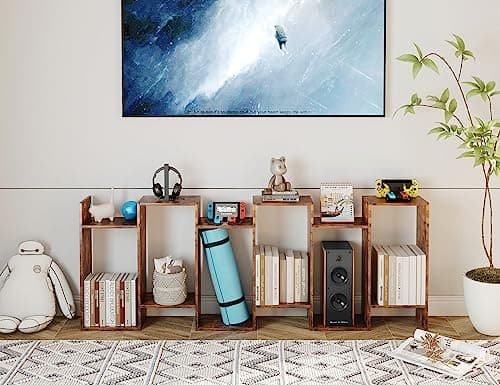 Yusong S-Shaped 6-Tier Geometric Bookcase, Modern Rustic Brown Tall Decor for Home Office & Bedroom