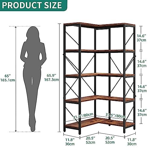 YITAHOME Industrial 5 Tier Corner Bookshelf, Large Rustic Brown Display Rack
