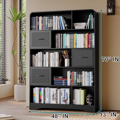Tall Black 48" Modern 5-Tier Bookshelf with Drawers and StorageBins