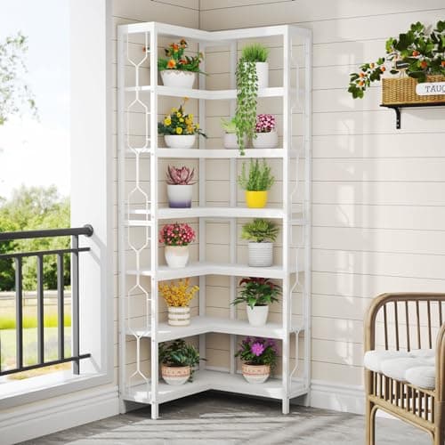 Tribesigns 7-Tier Industrial White Wood & Metal Corner Bookshelf