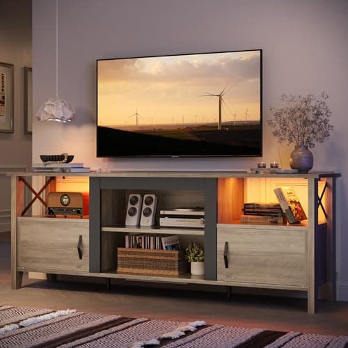 Bestier 63" Grey Wash Farmhouse TV Stand with LED Lights and Storage
