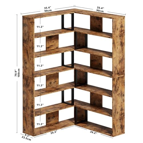IRONCK 6-Tier Industrial Brown Corner Bookshelves for Home Office and Living Room