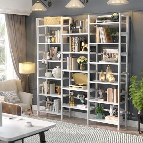 Homykic 6-Tier Bamboo 6ft Tall Bookshelf, White, Home Office, Bedroom, Living Room