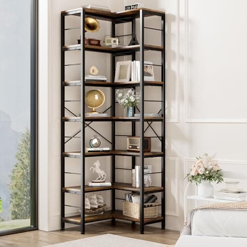 Rustic Brown 7-Tier 80" Tall Industrial L-Shaped Corner Bookcase