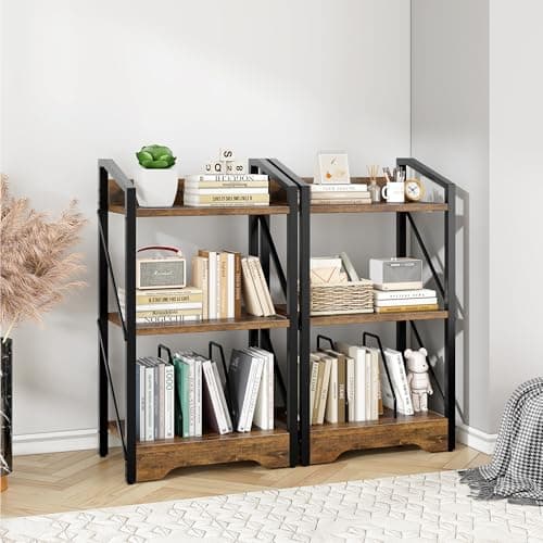 Vagusicc 3-Tier Industrial Metal Bookshelf, Brown, for Living Room and Home Office