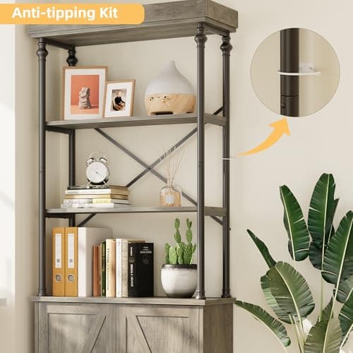 IDEALHOUSE Tall Bookshelf with Doors 73.62in Industrial Open Rack Shelf Wood & Metal