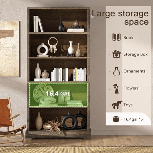 Rustic Brown 5-Shelf 65" Tall Bookshelf with Storage