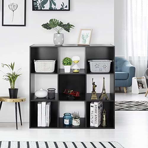 9 Cube Open Shelf Bookcase with Wood Cabinet, Black Storage Organizer for HomeOffice