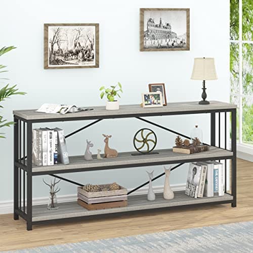 Industrial Modern 3 Tier Grey Rustic Metal and Wood Bookshelf, 63" Wide, Light Grey Oak, Living Room and Bedroom Storage