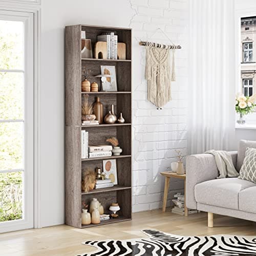 FOTOSOK 6-Tier Oak Open Bookcase for Bedroom, Living Room & Office