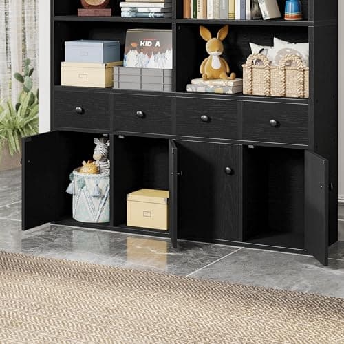 IRONCK Vintage Black Tall Storage Cabinet with 4 Drawers & 4 Doors, 6 Tier Bookshelf for Living Room