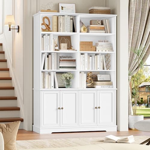Finetones 73" Tall Black Bookshelf with Doors, 6-Tier Storage Large Bookcase