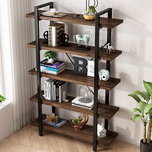 5-Tier Modern Rustic Industrial Bookshelf, Distressed Brown (AY-02)