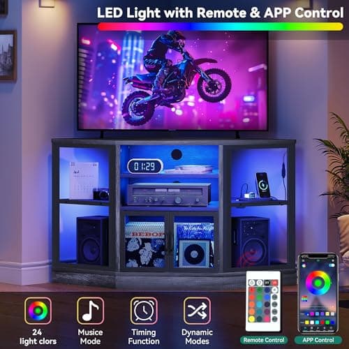 YITAHOME Corner TV Stand with LED Light, 19.7" D x 47" W x 28" H, Grey