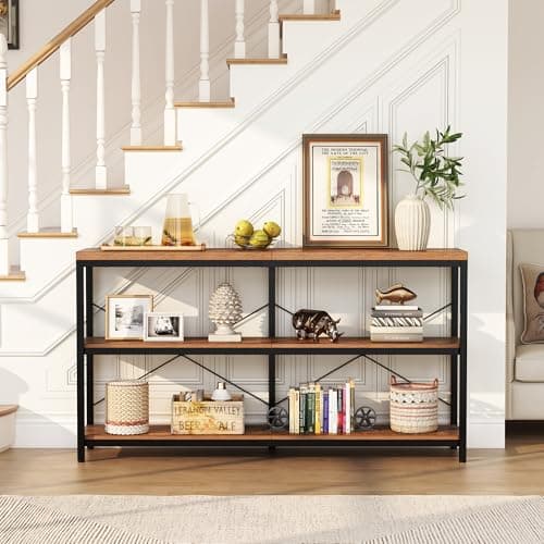 Semoic 3-Tier Industrial Wood Bookshelf, Brown Metal Frame, Living Room & Study Storage Organizer
