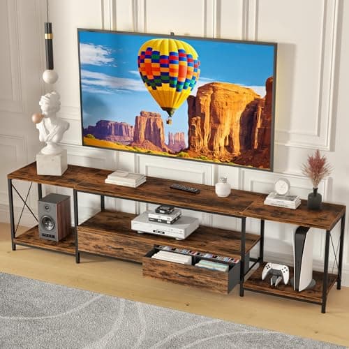 TV Stand with Fabric Drawers for 65-75 TV - Entertainment Center and Industrial Console Table - Rustic Brown
