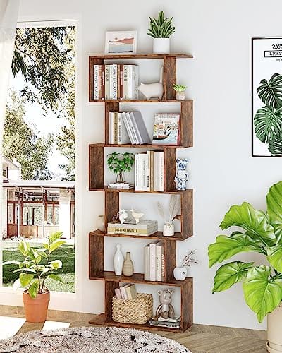 Yusong S-Shaped 6-Tier Geometric Bookcase, Modern Rustic Brown Tall Decor for Home Office & Bedroom
