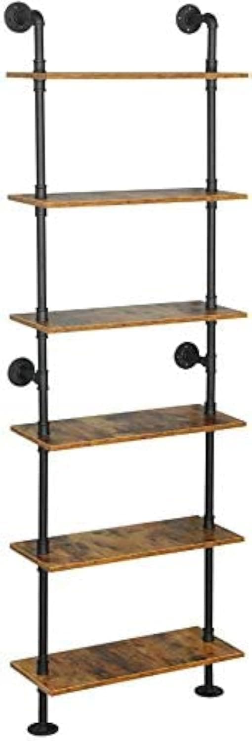 ZIOTHUM 23.6x9.8x78.7" Rustic Wood & Wrought Iron 6-Tier Shelf Loft Storage Bookcase