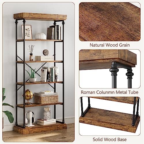 IDEALHOUSE Rustic Tall 6 Tier Wood Storage Bookshelf with Metal Frame