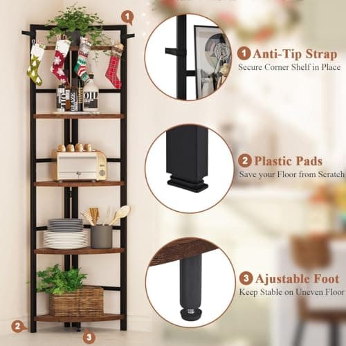 BON AUGURE Rustic Oak 5 Tier Industrial Corner Bookshelf