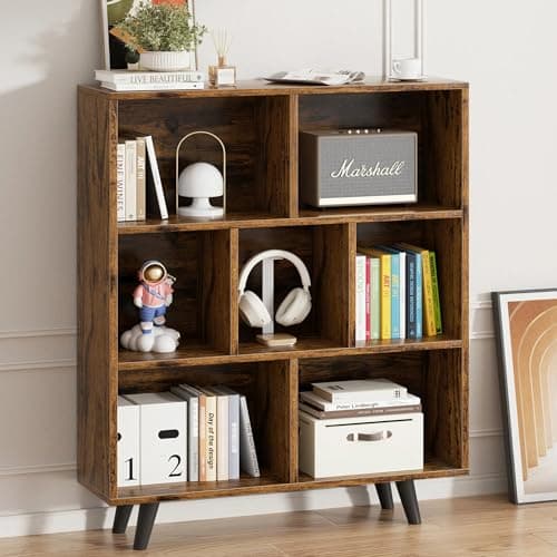 Vongrasig 7 Cube Bookshelf, Mid-Century Modern Wooden Storage Organizer