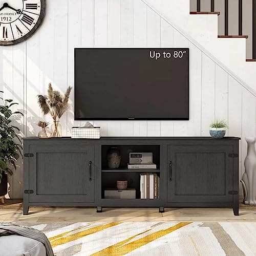 Black 70 Inch TV Stand, Wood Storage Cabinet, Modern Media Center for Living Room, Bedroom