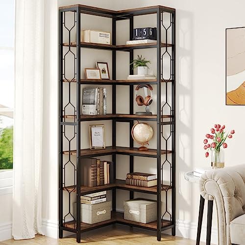 Tribesigns 7-Tier Industrial White Wood & Metal Corner Bookshelf