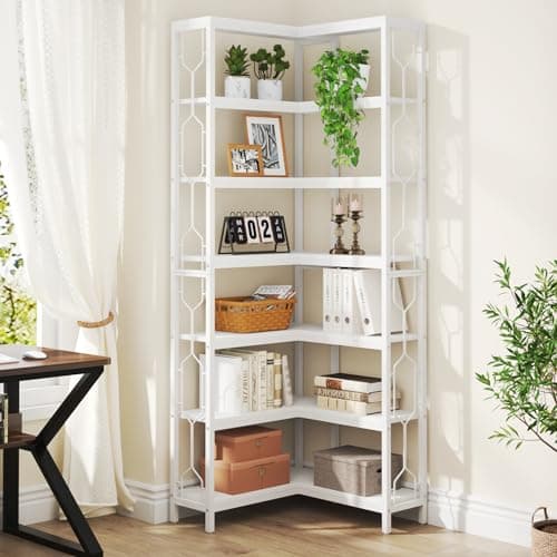 Tribesigns 7-Tier Industrial White Wood & Metal Corner Bookshelf