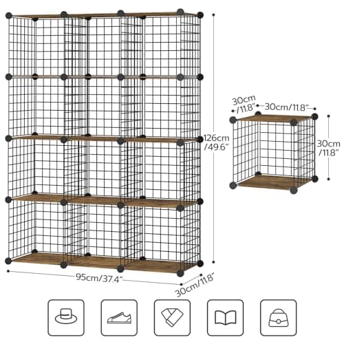 HOOBRO BF12CW01 12-Cube Metal Grid Storage Shelf, Rustic Brown and Black