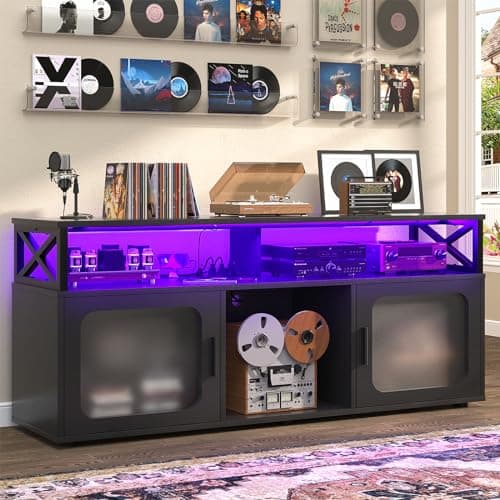 Modern TV Stand for 55-60 Inch TV with LED Light, Charging Station, and Soundbar Shelf