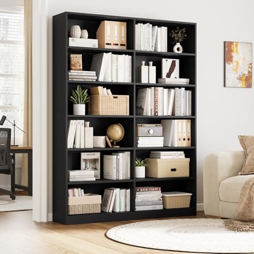 Double Wide 6-Tier Bookshelf, Tall Home Decor Bookcase, Black