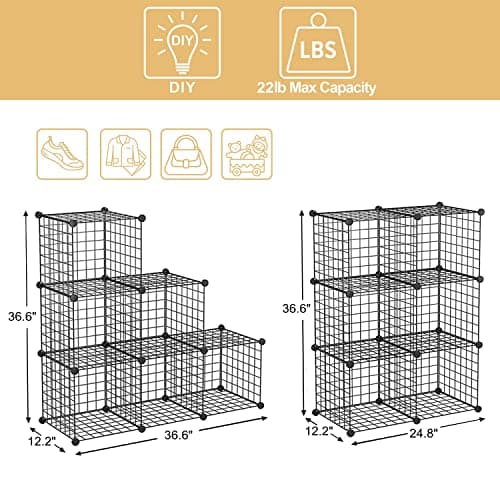 Wire Cube Storage Cabinet, 6 Cubes DIY Metal Organizer, Stackable Bookcase Shelf, Modular Closet for Living Room, Bedroom, Office, Black