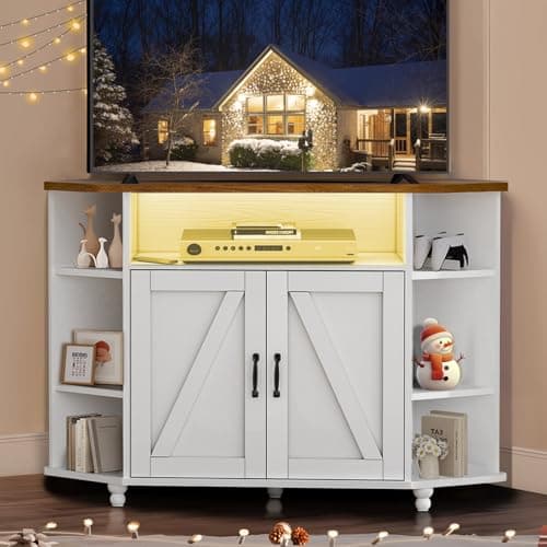 4 EVER WINNER 55-Inch Corner TV Stand with LED Lights and Adjustable Shelves, Farmhouse Style with Barn Doors, White