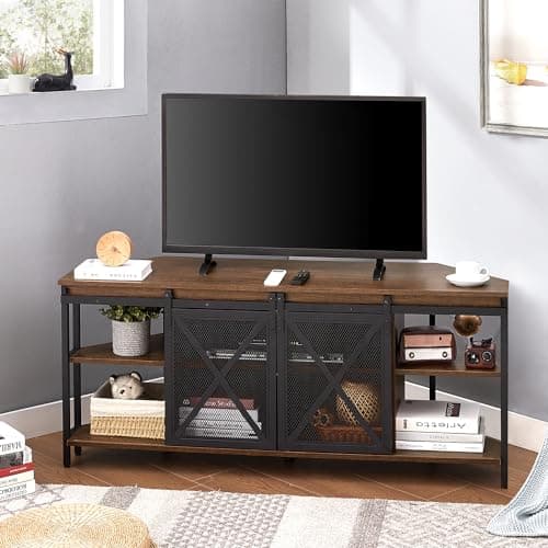 Rustic Corner TV Stand for 55/60 Inch TV with Storage and Sliding Barn Door