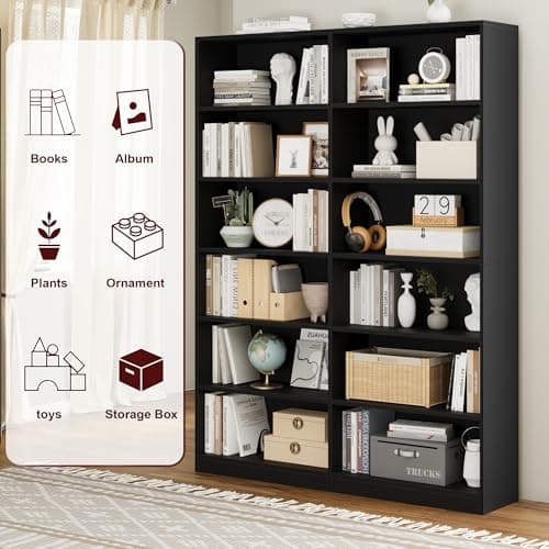 Double Wide 6-Tier Bookshelf, Tall Home Decor Bookcase, Black