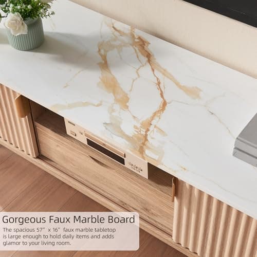 Mid-Century Modern TV Console with Cabinets, Faux Marble Top (65"/60"/55")