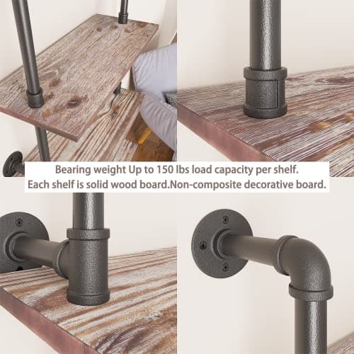 Industrial Pipe Solid Wood Ladder Shelf 5 Tier Wall Mounted Bookcase Storage