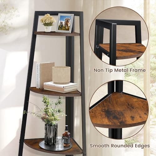 70" Tall Rustic Brown 5 Tier Corner Shelf for Books, Plants, Storage