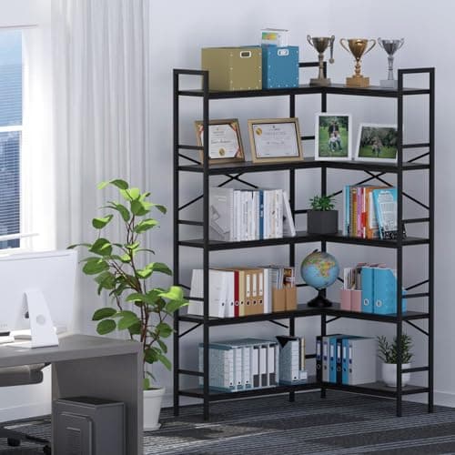 Black 5-Tier L-Shaped Corner Bookshelf with Open Storage