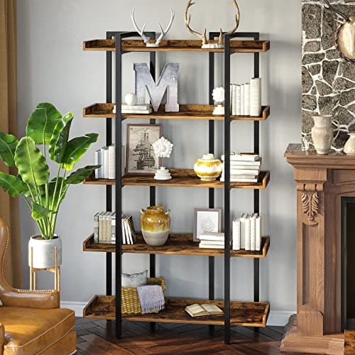 Rolanstar 5-Tier Industrial Bookshelf, Large Rustic Brown Home Office Shelf
