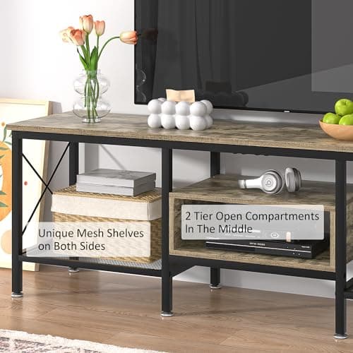 Industrial TV Stand for 65 Inch TV, 3-Tier Console with Open Shelves, Metal Frame - Dark Grey (55 Inch)