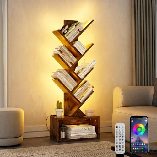 Rustic Brown 6-Tier LED Bookshelf with Music Sync & Remote Control