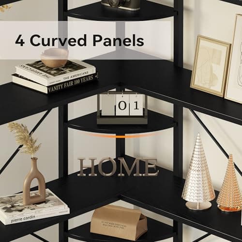 IRONCK 5-Tier Curved Corner Bookcase, Black, for Living Room and Home Office