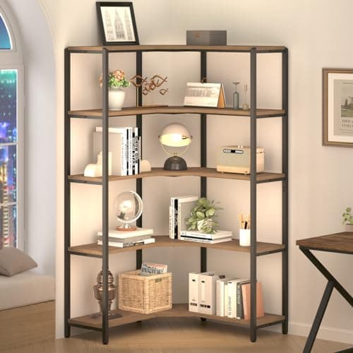 IBF 5-Tier Black Corner Bookshelf, Modern L-Shaped Storage Organizer