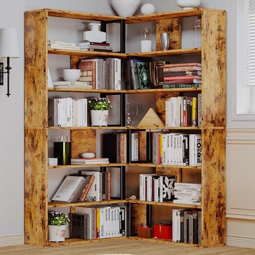 IRONCK 6-Tier Industrial Brown Corner Bookshelves for Home Office and Living Room