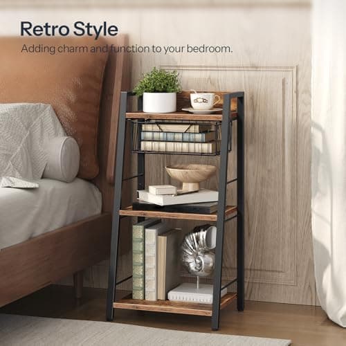 HOOBRO Rustic Brown & Black 3-Tier Floor Standing Bookshelf with Drawer