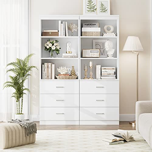 Fotosok 71" White Bookshelf with Drawers & 3-Tier Shelves for Home Office