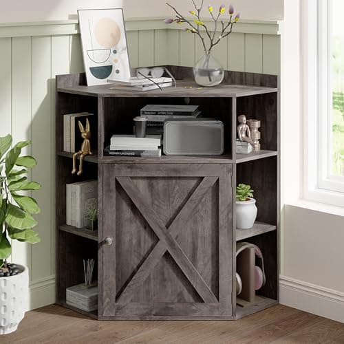 Industrial Corner Cabinet with USB Ports Off White 6-Cubby Bookshelf