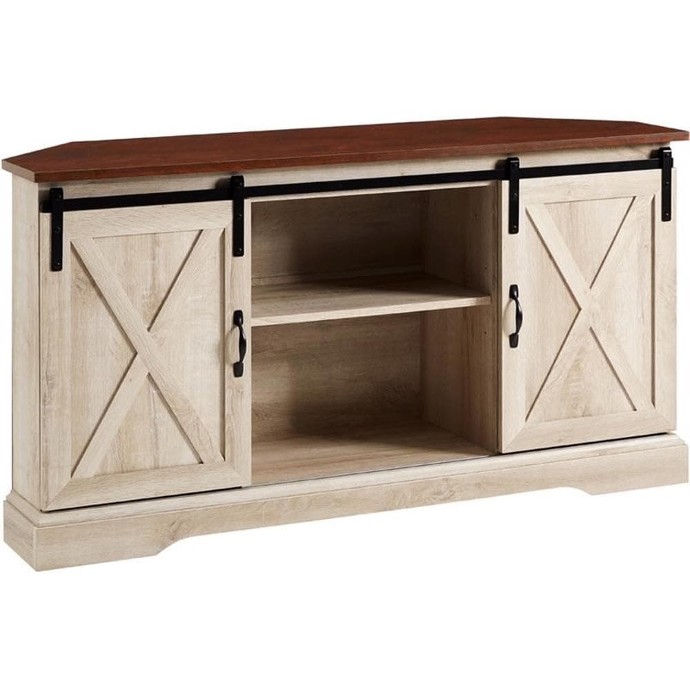 White Oak Finish Pemberly Row Wood Corner TV Stand with Sliding Doors & Adjustables